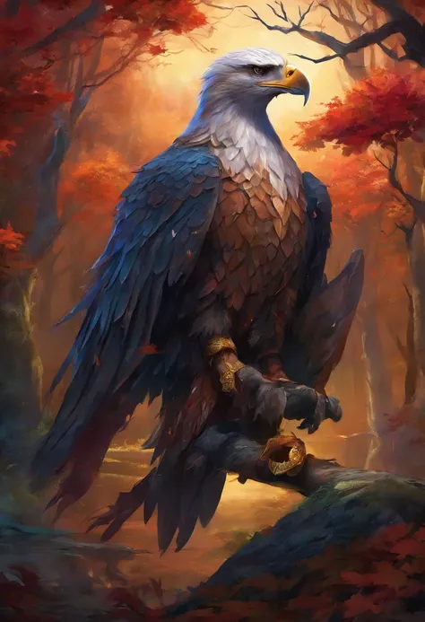 Large eagle with anthropomorphic horns wearing a beige leather armor, a dark blue mantle and a red-lived scarf holding a medieval dagger. Dark envoused forest at night in front of a huge moon, foliage, gloomy and dark environment, high in detail and improv...