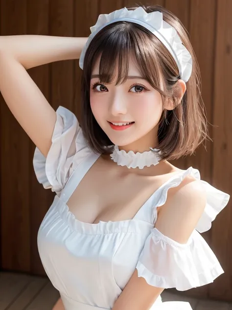 masterpiece、One girl per photo、Upper Body Shot、Front view from the front、Young and beautiful woman in Japan、Wearing a cute short-sleeved satin silver black maid outfit、With a big smile、White ruffled headband、White frilly apron、Black choker、Attractive appea...