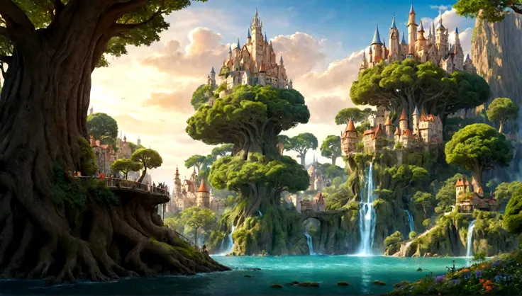 huge trees, city, city in tree, fairytale city, magical city