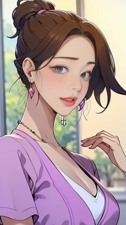 ((masterpiece)), ((highest quality)), ((Fully detailed)), Woman with light purple skin, Dark green eyes, long straight purple hair, Verbena flower earrings, Beautiful Face, Hourglass Shape, Plump heart-shaped pink lips, ((Close-up camera angle)), Smiling f...