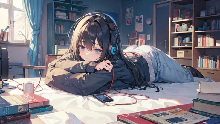 A room with a messy desk and books. Lying on the sofa、Anime illustration of a black-haired girl sleeping with headphones on and her chin resting on them while listening to music、Dark Eyes、Japanese