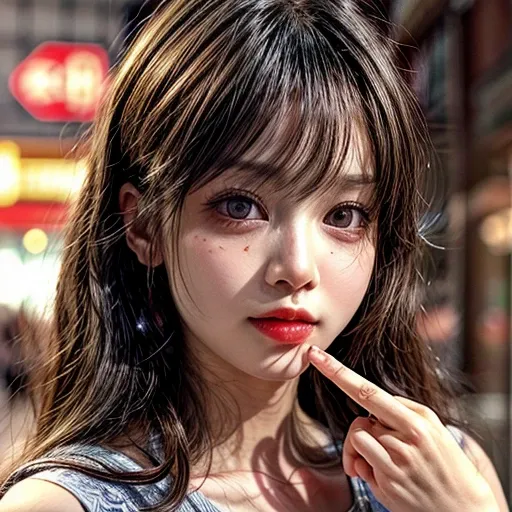 (highest quality,Super detailed,Physically Based Rendering:1.2), (RAW, Realistic, Photorealistic:1.37), (Acutance:0.85),Portraiture,Beautiful young woman with Delicate facial features,Soft lighting, ((Playfully licking finger with tongue, Gently placing a ...