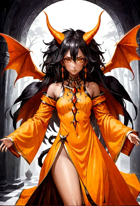 A beautiful orange-skinned woman(afrocentric) orange as a demon Devil with orange skin with long honey brown hair that goes all the way to the ground Make her like a sorceress shaman in a setting filled with magic and mystery A character for medieval RPG S...