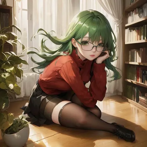 anime girl with green hair and glasses sitting on the floor, anime moe artstyle, smooth anime cg art, seductive anime girl, painted in anime painter studio, anime visual of a cute girl, with glasses, marin kitagawa fanart, cute anime girl, young anime girl...