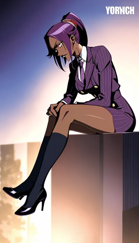 full body yoruichi as a thin black business woman in a double breasted pinstripe purple  skirt suit while wearing a tie with a v...