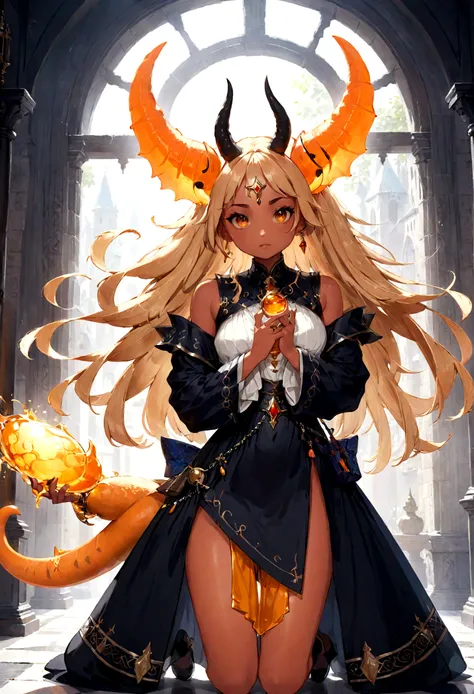 A beautiful orange-skinned woman(afrocentric) orange as a demon Devil with orange skin with long honey brown hair that goes all the way to the ground Make her like a sorceress shaman in a setting filled with magic and mystery A character for medieval RPG S...