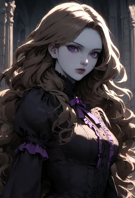 castlevania girl with pale skin, brown long hair and a victorian black dress with purple details, 4k 