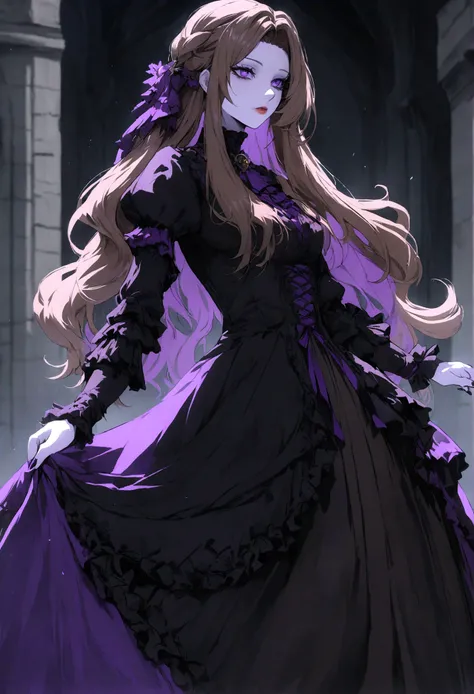 castlevania girl with pale skin, brown long hair and a victorian black dress with purple details, 4k 