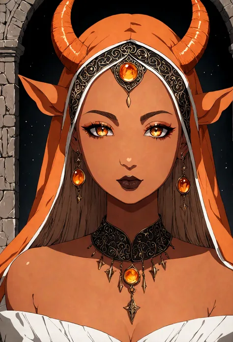 A beautiful orange-skinned woman(afrocentric) orange as a demon Devil with orange skin with long honey brown hair that goes all the way to the ground Make her like a sorceress shaman in a setting filled with magic and mystery A character for medieval RPG S...