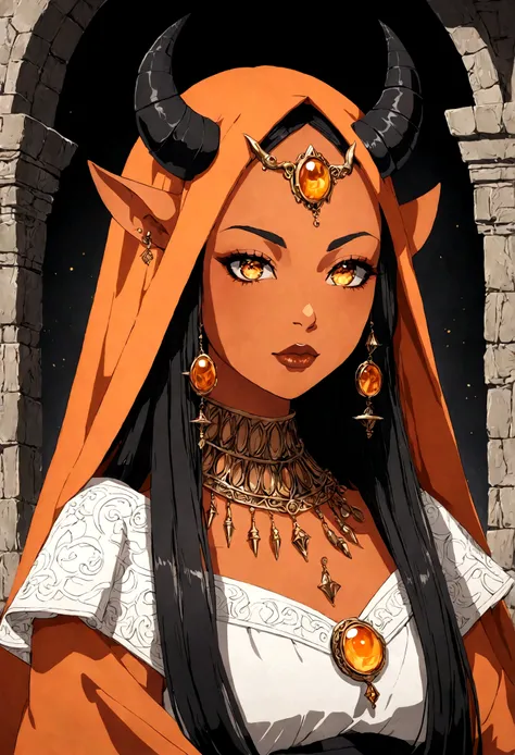 A beautiful orange-skinned woman(afrocentric) orange as a demon Devil with orange skin with long honey brown hair that goes all the way to the ground Make her like a sorceress shaman in a setting filled with magic and mystery A character for medieval RPG S...