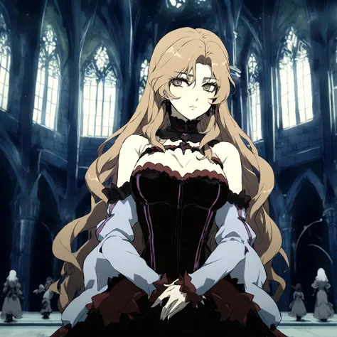 castlevania girl with pale skin, brown long hair and a victorian black dress with purple details