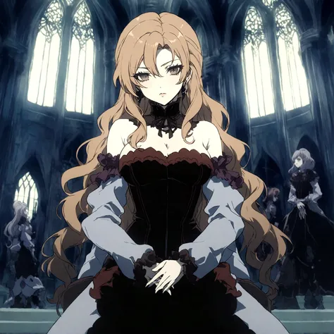 castlevania girl with pale skin, brown long hair and a victorian black dress with purple details