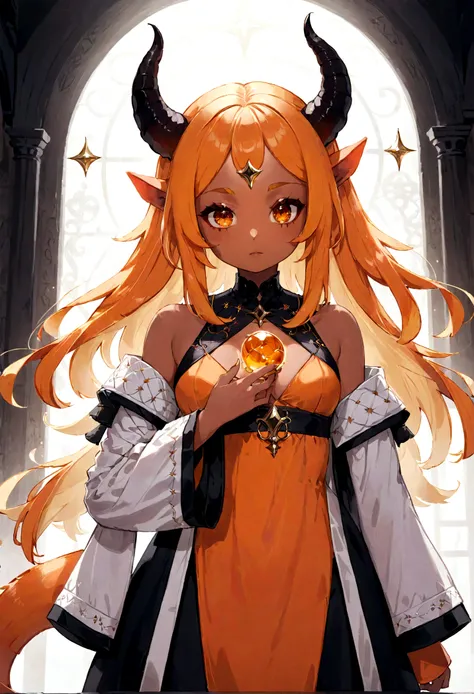 A beautiful orange-skinned woman(afrocentric) orange as a demon Devil with orange skin with long honey brown hair that goes all the way to the ground Make her like a sorceress shaman in a setting filled with magic and mystery A character for medieval RPG S...