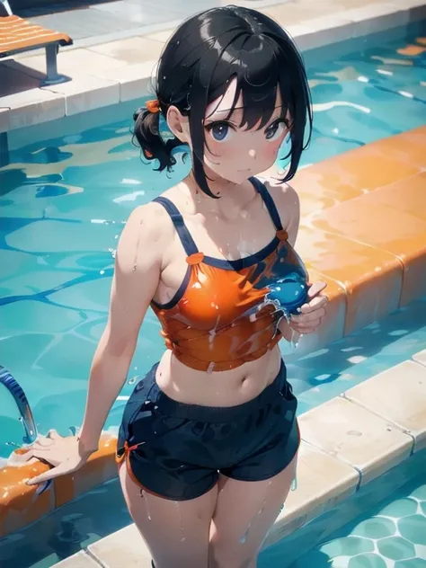 Orange swimsuit((Orange camisole,Navy blue piping),(Soaked with slimy liquid)),(Navy blue shorts),(A pool of slippery lotion),(Soaked with slimy liquid),Black Hair,Are standing,