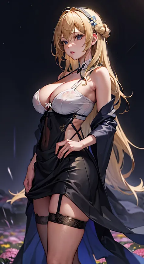 masterpiece, high quality, 4K, Beautiful design, silhouette，blonde， Highly detailed night starry sky,Flower Field， wonderful, Finer details,  Very knowledgeable woman,Highly detailed solo, 1 female,Big Breasts，Big Ass，Wet costume，camisole，mini skirt，garter...