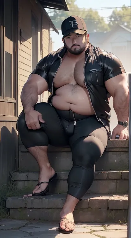 Artwork in the anime style of Just chubby chubby, (((Daddy Chubby Bear gay weighing 197 kilos of body mass. (masterpiece, best quality), Dark photograph, homoerotic, a shirtless average (plump belly) 35yo man, redneck, sitting on concrete steps porch of sm...