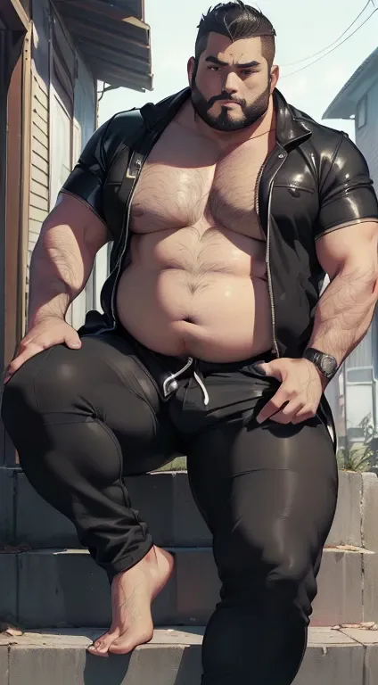 Artwork in the anime style of Just chubby chubby, (((Daddy Chubby Bear gay weighing 197 kilos of body mass. (masterpiece, best quality), Dark photograph, homoerotic, a shirtless average (plump belly) 35yo man, redneck, sitting on concrete steps porch of sm...