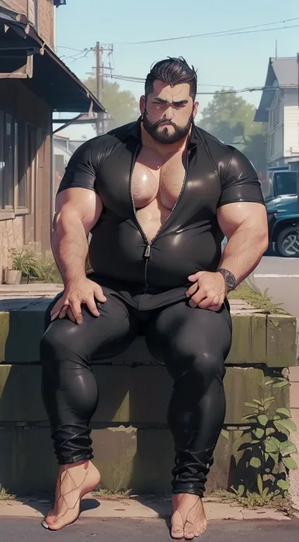 Artwork in the anime style of Just chubby chubby, (((Daddy Chubby Bear gay weighing 197 kilos of body mass. (masterpiece, best quality), Dark photograph, homoerotic, a shirtless average (plump belly) 35yo man, redneck, sitting on concrete steps porch of sm...