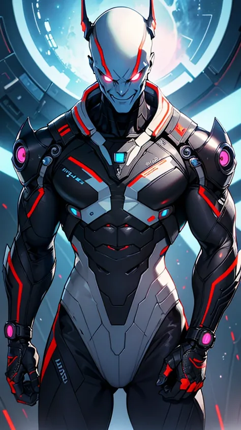 Cybernetic alien with detailed muscles realistic masterpieces full figure pose (best quality,ultra-detailed), colorful alien skin (evil sinister smile), wearing mobile cybernetic battle spacesuit