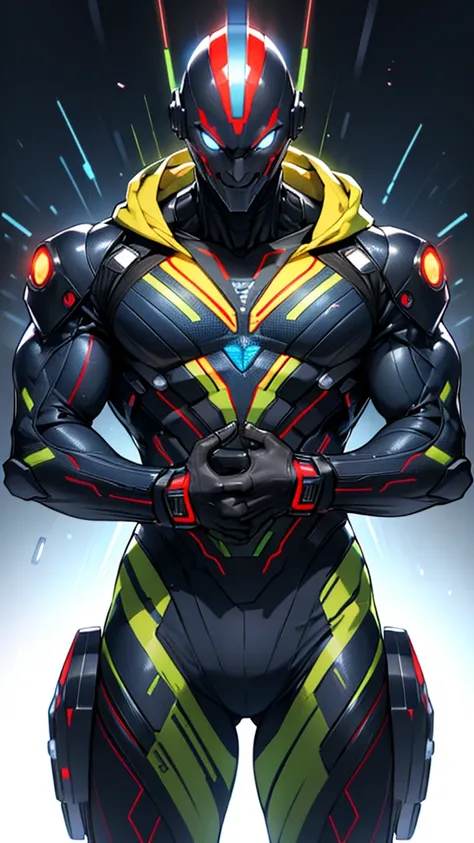 Cybernetic alien with detailed muscles realistic masterpieces full figure pose (best quality,ultra-detailed), colorful alien skin (evil sinister smile), wearing mobile cybernetic battle spacesuit