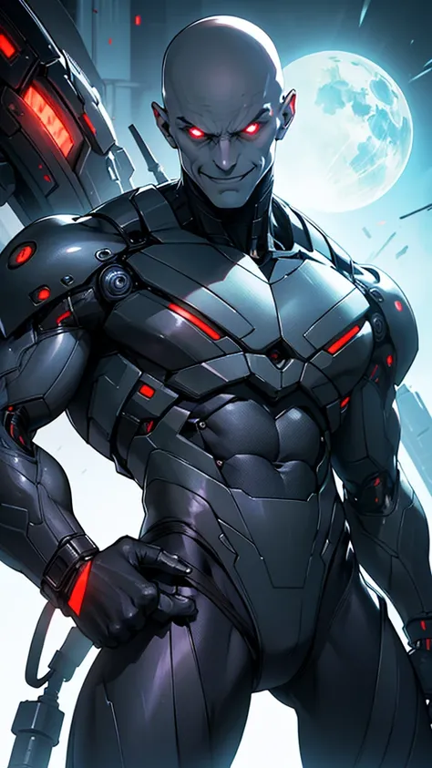 Cybernetic alien with detailed muscles realistic masterpieces full figure pose (best quality,ultra-detailed), pale skin, bald, (evil sinister smile), wearing black mobile cybernetic battle spacesuit