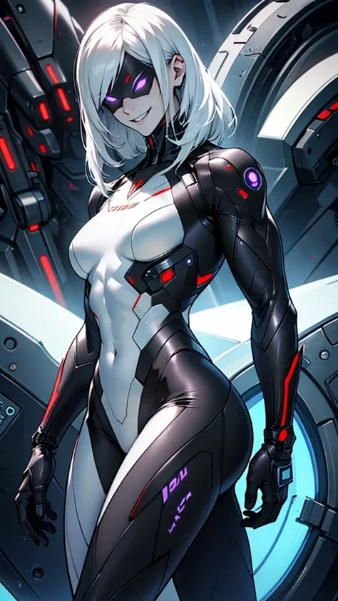 Cybernetic female alien with detailed muscles realistic masterpieces full figure pose (best quality,ultra-detailed), pale skin, small waist, large buttocks, (evil sinister smile), wearing black mobile cybernetic battle spacesuit