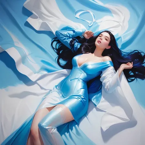 painting of a woman laying on a bed with a white and blue dress, wlop jeremy lipkin, ross tran 8 k, artgerm julie bell beeple, james jean and wlop, wlop art, rhads and lois van baarle, art of wlop, wlop |, artgerm and james jean