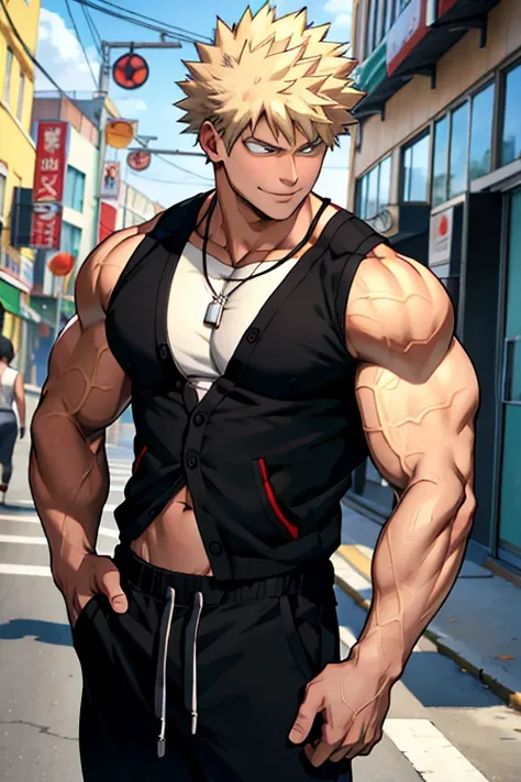 Bakugo Katsuki《My Hero Academia》, Wearing black sweatpants and a black vest, Smile, Bodybuilder, Definition, Big abdominal muscles, Super Muscle, In fitness