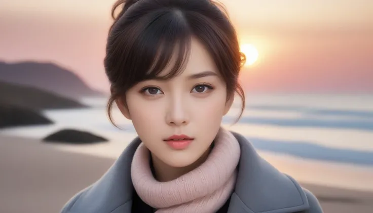 8K, 超high resolution, best quality, masterpiece, surreal, picture,A three-part method, 1 girl, (16 years old:1.3), Pretty Woman, Cute face, Beautiful Eyes in Every Detail,Japanese female announcer,(wearing a long winter coat and scarf、Close-up of thin blac...