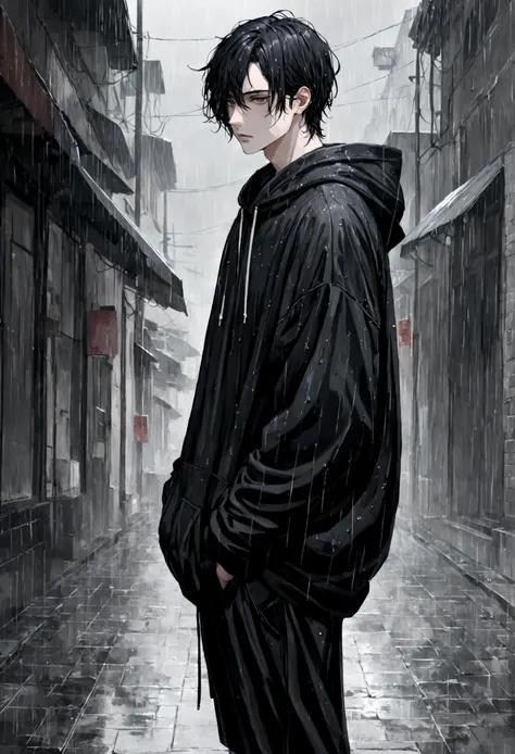 1 guy, black hair slightly curled, oversized black hoodie, pale white skin, brown eyes, hot, cool, standing in the rain