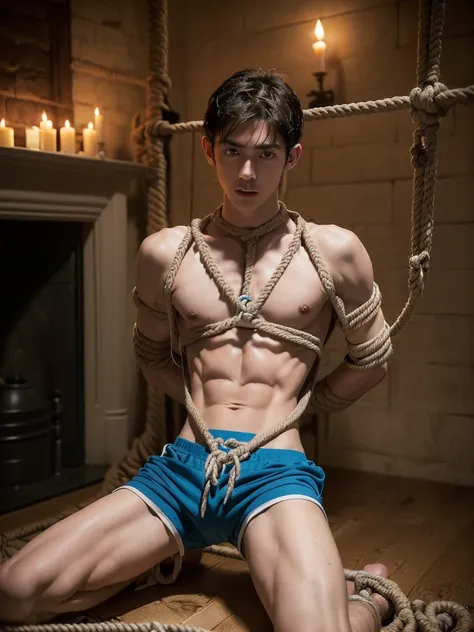 (((18 year old shirtless, very skinny twink))), fair hair, handsome face (((wearing gym shorts))) biceps flexed, kneeling, ((((Trussed up completely with rope)))), ((((very tight rope crossed over chest)))), sweating, wet skin, Afraid in a dungeon with can...