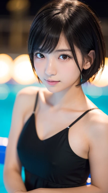 ((A girl toasting at the night pool)), (High resolution:1.3), (16k, Realistic, RAW Photos, Best image quality: 1.4), Japanese, (One Girl), Beautiful Face, (A vivid face), (Black-haired、short hair:1.3), Beautiful Hairstyles, Realistic eyes, Beautiful and de...