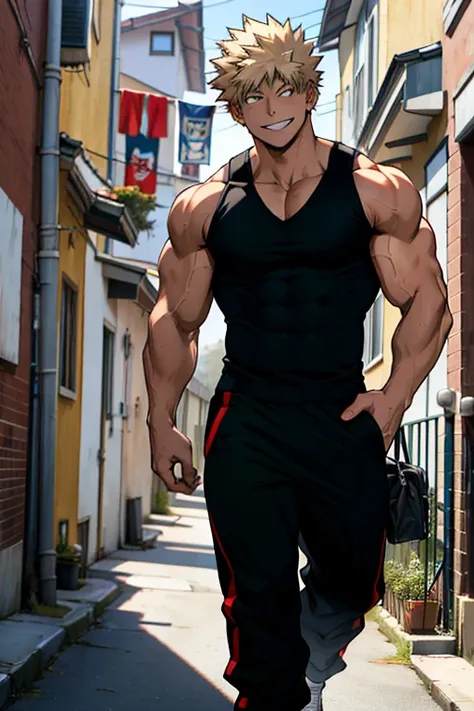 bakugo katsuki《my hero academia》, wearing black sweatpants and a black vest, smile, bodybuilder, definition, big abdominal muscl...