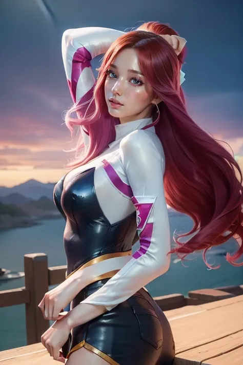 (best quality,4k,8k,highres,masterpiece:1.2),ultra-detailed,(realistic,photorealistic,photo-realistic:1.37),miss fortune (league of legends), 1girl, wearing Star Guardian clothing, extra long hair, strap slip, bare shoulders, detached sleeves, wide sleeves...