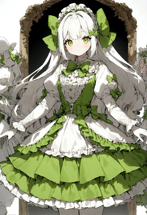 {{white_frills_dress}},{{white pantyhose}}, {long sleeve},{Juliet_sleeve},{puffy sleeve},white hair bow，skirt pleated，green dress bow，green_big_bow,white glove