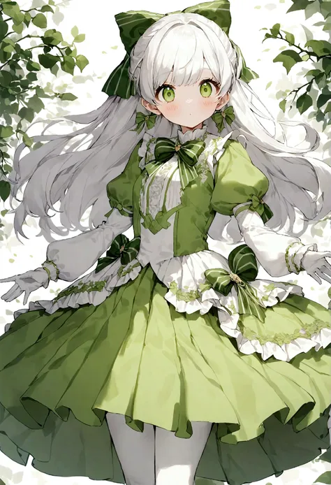 {{white_frills_dress}},{{white pantyhose}}, {long sleeve},{Juliet_sleeve},{puffy sleeve},white hair bow，skirt pleated，green dress bow，green_big_bow,white glove