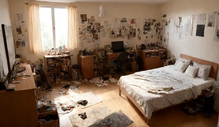 A typical teenagers bedroom with a bed, desk, and posters on the wall, some clothes scattered on the floor --ar 16:9