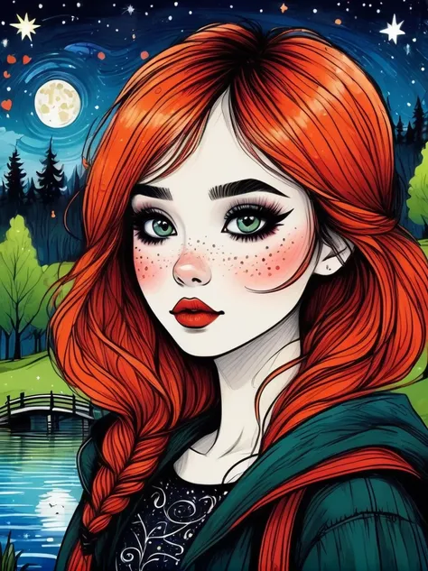 Cartoon hand drawn, 1girl, solo, Cute young attractive girl，Strong Gothic makeup, A village by the lake with a birch forest and an apple orchard，Starry nights，Gloomy and foggy atmosphere，The cute absurdity、The attraction and rejection of extraordinary appe...