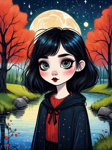 Cartoon hand drawn, 1girl, solo, Cute young attractive girl，Strong Gothic makeup, A village by the lake with a birch forest and an apple orchard，Starry nights，Gloomy and foggy atmosphere，The cute absurdity、The attraction and rejection of extraordinary appe...