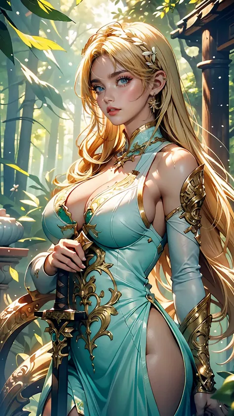 masterpiece, highest quality, Intricate details, Gorgeous blonde elven woman, (mint eye), Celestine Lucullus, Perfect Anatomy, Perfect Face:1.1), ((Huge breasts!!!!!!)),(Huge breasts!!!!), White one-piece uniform, Sharp focus, ((alone:1.4), (Full Body Shot...