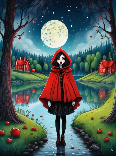 Cartoon hand drawn, 1girl, solo, Cute young charming little red riding hood girl，Strong Gothic makeup, A village by the lake with a birch forest and an apple orchard，Starry nights，Gloomy and foggy atmosphere，The cute absurdity、The attraction and rejection ...