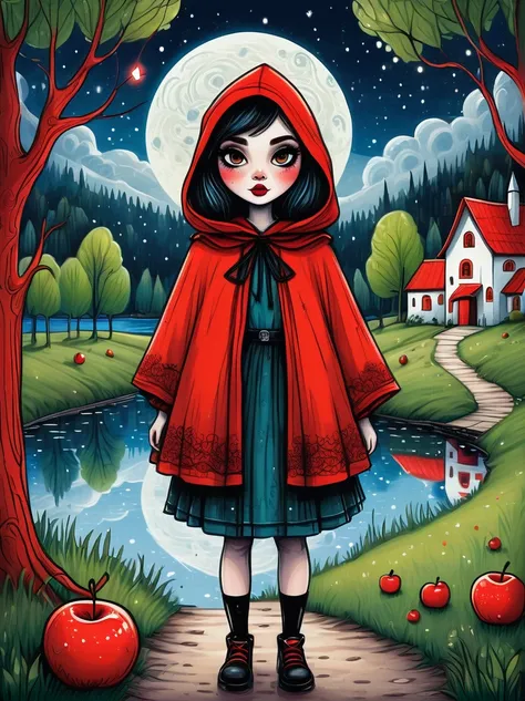 Cartoon hand drawn, 1girl, solo, Cute young charming little red riding hood girl，Strong Gothic makeup, A village by the lake with a birch forest and an apple orchard，Starry nights，Gloomy and foggy atmosphere，The cute absurdity、The attraction and rejection ...