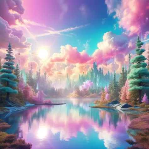 Futuristic fantasy forest environments with a sky of many pastel colors and hyper-realistic white clouds with lakes in a radiant sunrise, prismatic iridescent tones 