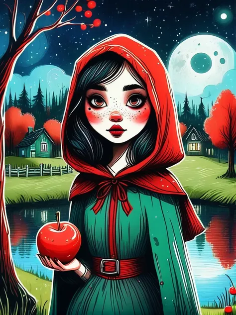 Cartoon hand drawn, 1girl, solo, Cute young charming little red riding hood girl，Strong Gothic makeup, A village by the lake with a birch forest and an apple orchard，Starry nights，Gloomy and foggy atmosphere，The cute absurdity、The attraction and rejection ...