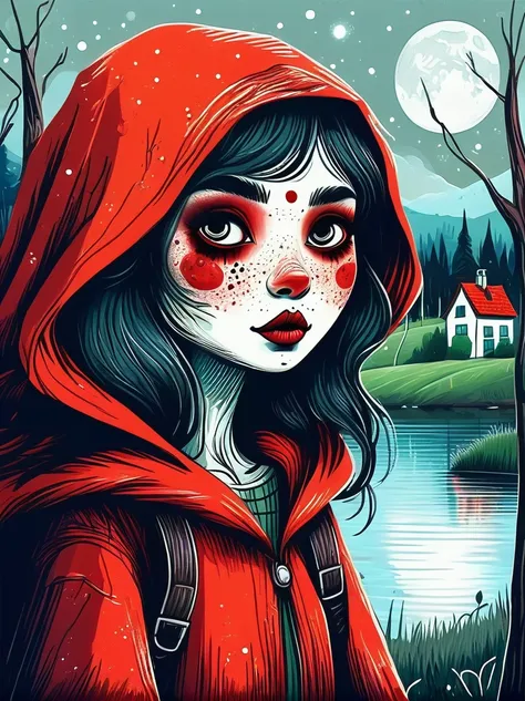 Cartoon hand drawn, 1girl, solo, Cute young charming little red riding hood girl，Strong zombie makeup, A village by the lake with a birch forest and a vineyard，Starry nights，Gloomy and foggy atmosphere，The cute absurdity、The attraction and rejection of ext...