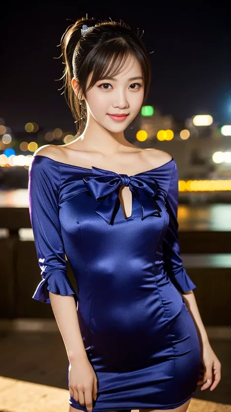 a gorgeous lady in a Bow Front Flounce Sleeve 2-in-1 Dress, standing under night sky, dimpled smile, short ponytail, ample round bossom, natural pose, photorealistic, beautiful detailed eyes, hyper-realism, high contrast, ultra HD, realistic skin textures,...