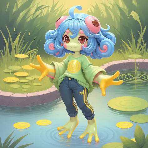 frog monster girl with green skin medium-blue hair with a long upward curled strand pink cheeks brown eyes yellow hands and feet  baggy shirt with a yellow swirl desgin and pants  by a pond
