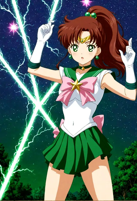 sailor jupiter bringing the thunder! masterpiece, best quality, 1girl, solo, looking at viewer, facing viewer, night, anime scre...