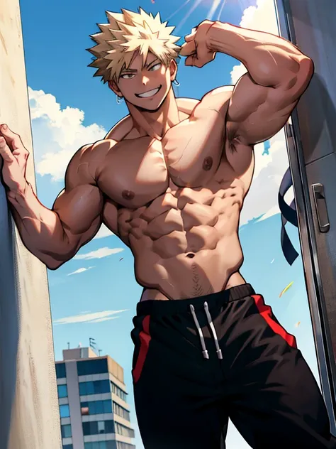 Bakugo Katsuki《My Hero Academia》, Wear black sweatpants，Topless, Smile, Bodybuilder, definition, Big abdominal muscles, super muscles, extremely muscular