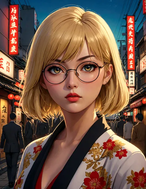 1girl,beautiful detailed eyes,beautiful detailed lips,extremely detailed face and portrait,long eyelashes,bob hairstyle,bangs, blonde hair, yakuza outfit,eyeglasses,outdoor scene, tokyo background, ,beautiful lighting,detailed textures,cinematic compositio...